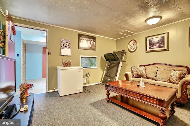 living room with carpet flooring and ornamental molding