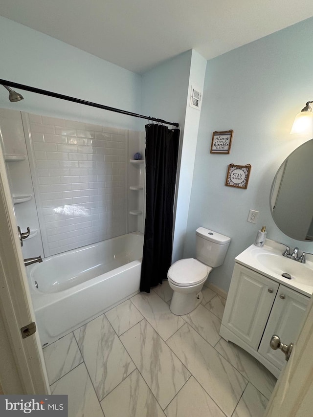 full bathroom with shower / tub combo, vanity, and toilet