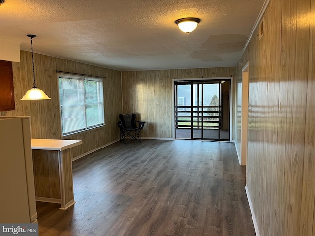 interior space featuring a textured ceiling, wood walls, and dark wood-type flooring