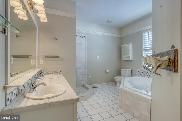 full bathroom featuring toilet, vanity, tile patterned flooring, and shower with separate bathtub