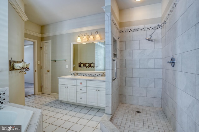 bathroom with independent shower and bath, tile patterned floors, and vanity