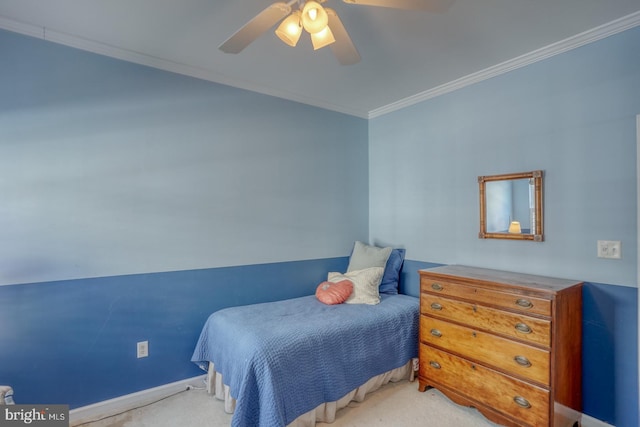 bedroom featuring light carpet, ceiling fan, and ornamental molding