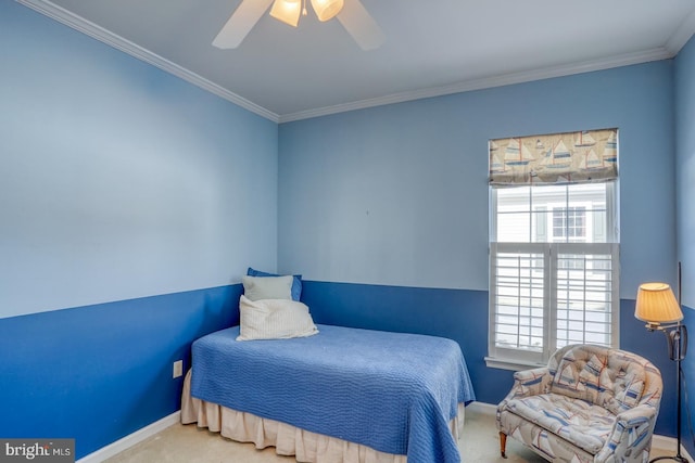 carpeted bedroom featuring ceiling fan, crown molding, and multiple windows