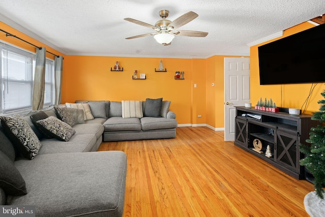 living room with a textured ceiling, hardwood / wood-style flooring, ceiling fan, and ornamental molding