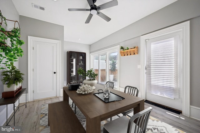 dining space with ceiling fan and light hardwood / wood-style flooring