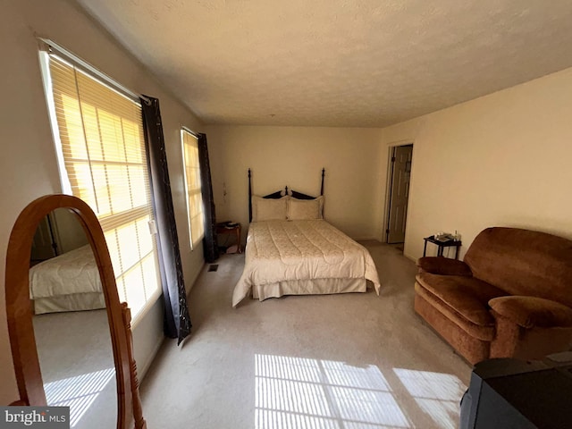 bedroom featuring light colored carpet and a textured ceiling