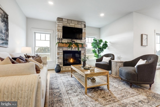 living room with a stone fireplace and hardwood / wood-style floors