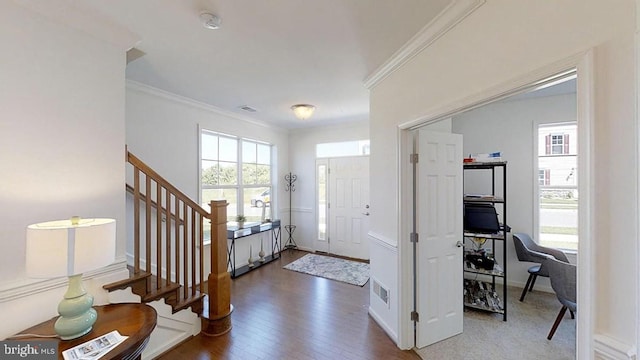 entryway featuring wood-type flooring and crown molding