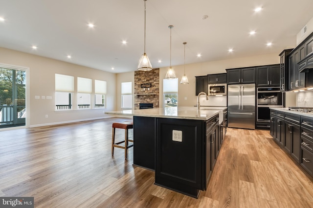 kitchen featuring a breakfast bar, a large island with sink, hanging light fixtures, light hardwood / wood-style flooring, and stainless steel appliances