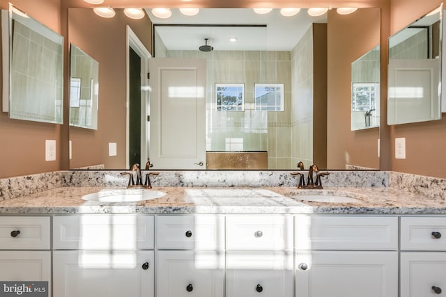 bathroom with vanity, a shower, and plenty of natural light