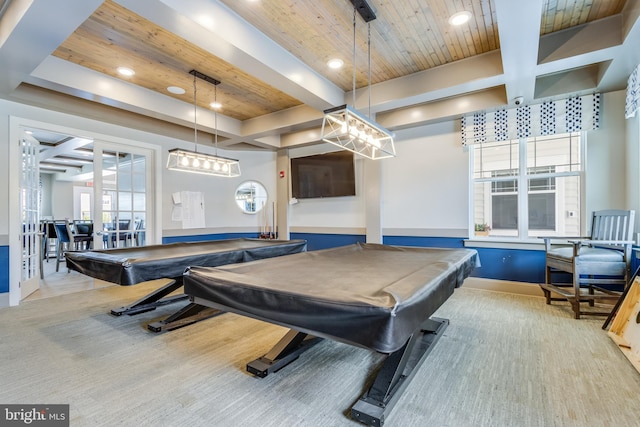 recreation room featuring beam ceiling, wood ceiling, pool table, and light hardwood / wood-style flooring