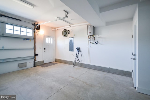 garage with electric panel and water heater