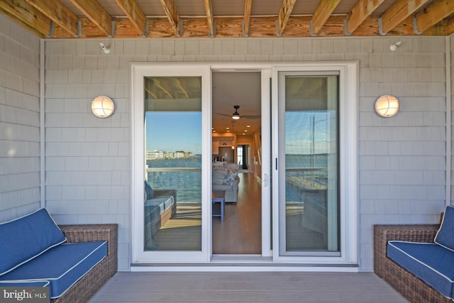 property entrance featuring a water view