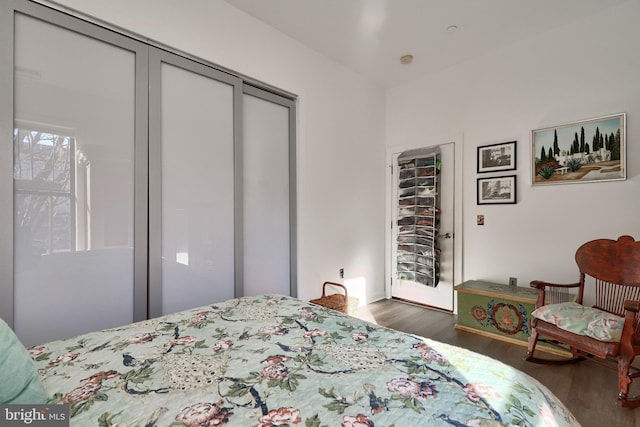 bedroom with a closet and dark hardwood / wood-style flooring