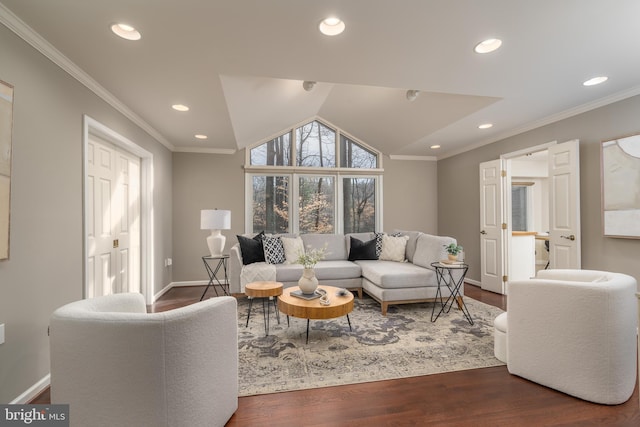 living room with dark hardwood / wood-style floors, lofted ceiling, and ornamental molding