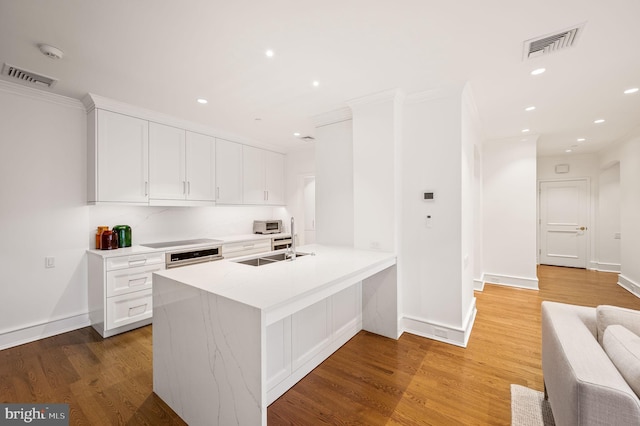 kitchen featuring kitchen peninsula, hardwood / wood-style flooring, decorative backsplash, white cabinetry, and stainless steel appliances