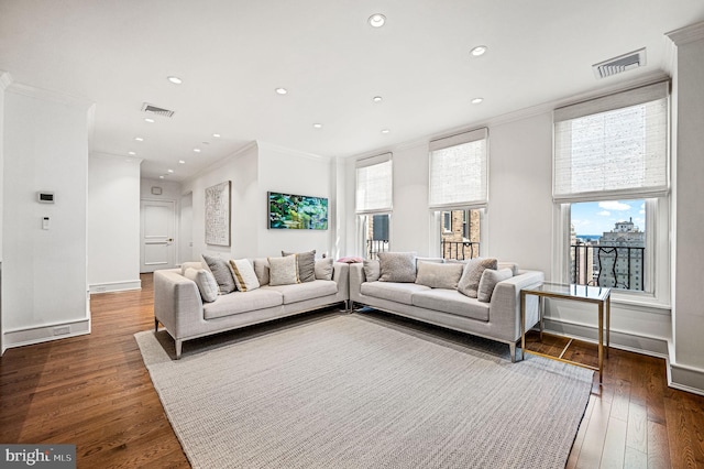 living room featuring dark hardwood / wood-style flooring and crown molding