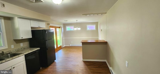 6130 Pine Knoll Dr, Harrisburg, PA 17111 - kitchen featuring black appliances, dark wood-style flooring, white cabinetry, baseboards, and a baseboard radiator