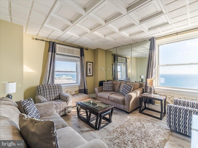 living room with light hardwood / wood-style floors and a water view