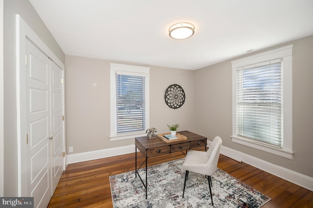 office with dark wood-type flooring