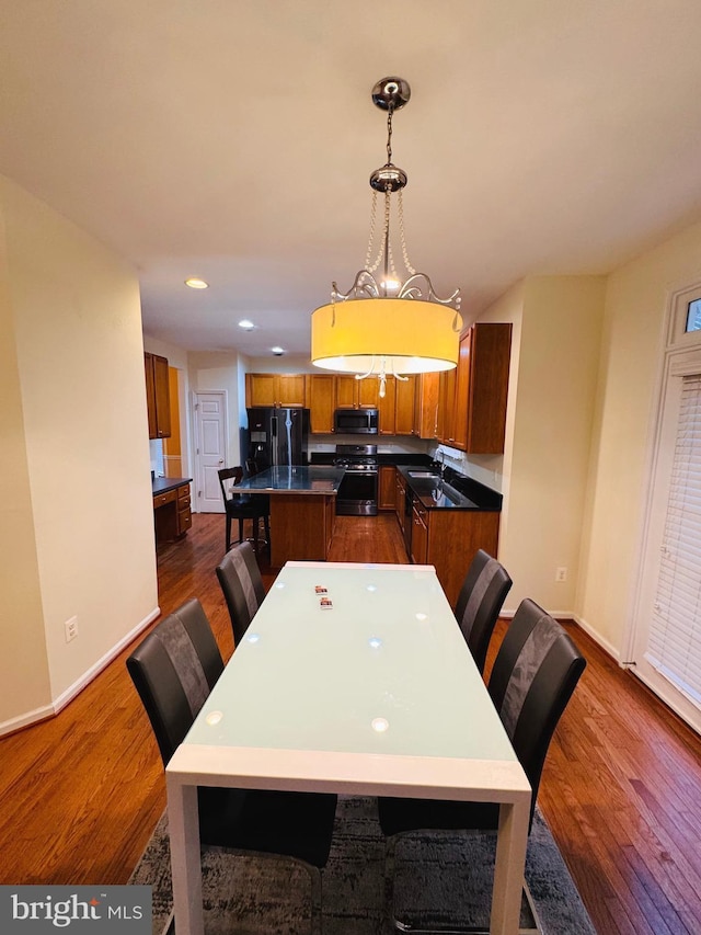 dining area featuring sink and dark wood-type flooring