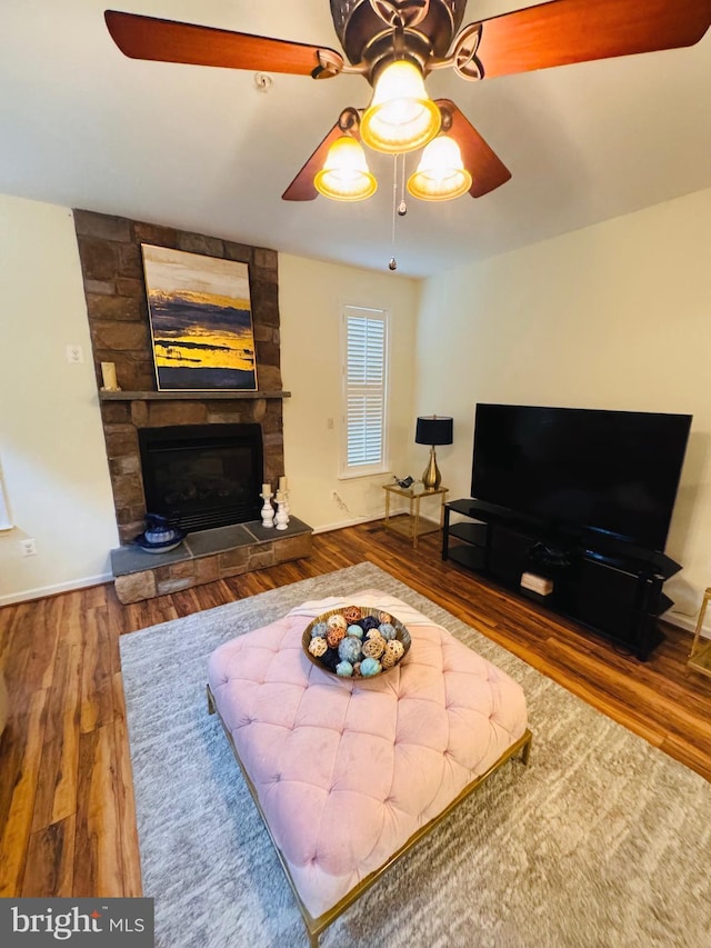 living room with a fireplace and hardwood / wood-style flooring