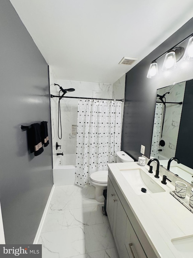 full bathroom featuring vanity, shower / bathtub combination with curtain, and toilet