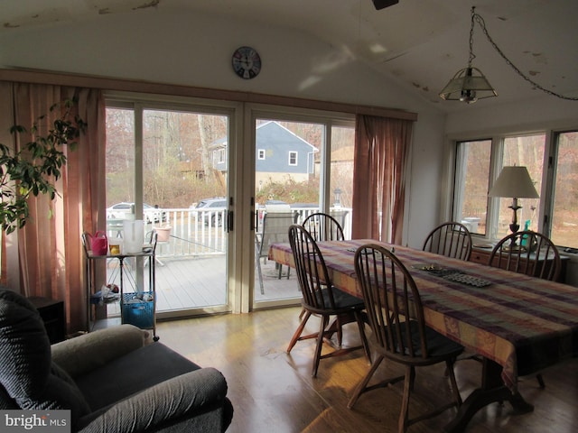 dining space with hardwood / wood-style floors, a healthy amount of sunlight, and vaulted ceiling