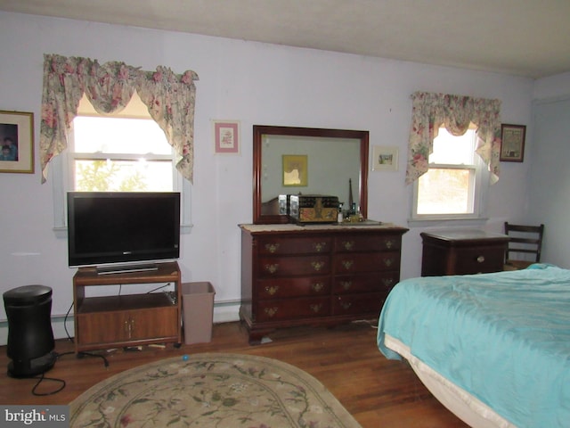 bedroom with dark hardwood / wood-style flooring, baseboard heating, and multiple windows