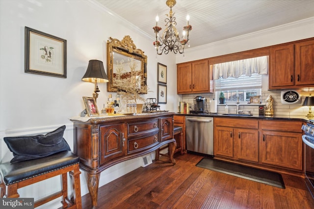 kitchen featuring dishwasher, sink, dark hardwood / wood-style floors, backsplash, and ornamental molding