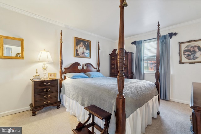 bedroom with light carpet and crown molding