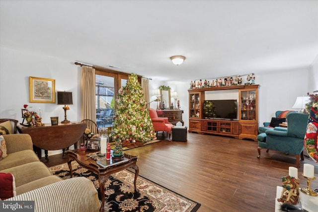 living room with dark hardwood / wood-style floors