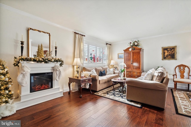 living room with crown molding and dark hardwood / wood-style flooring