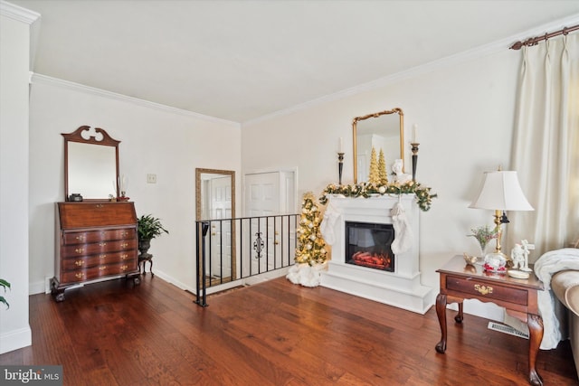 living area featuring crown molding and dark wood-type flooring