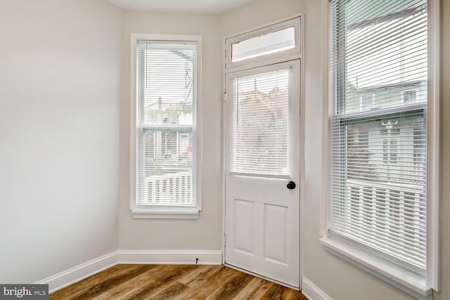 doorway with hardwood / wood-style flooring