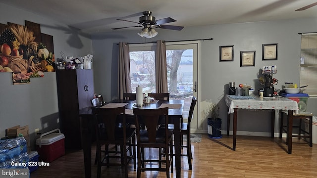 dining space with hardwood / wood-style flooring and ceiling fan