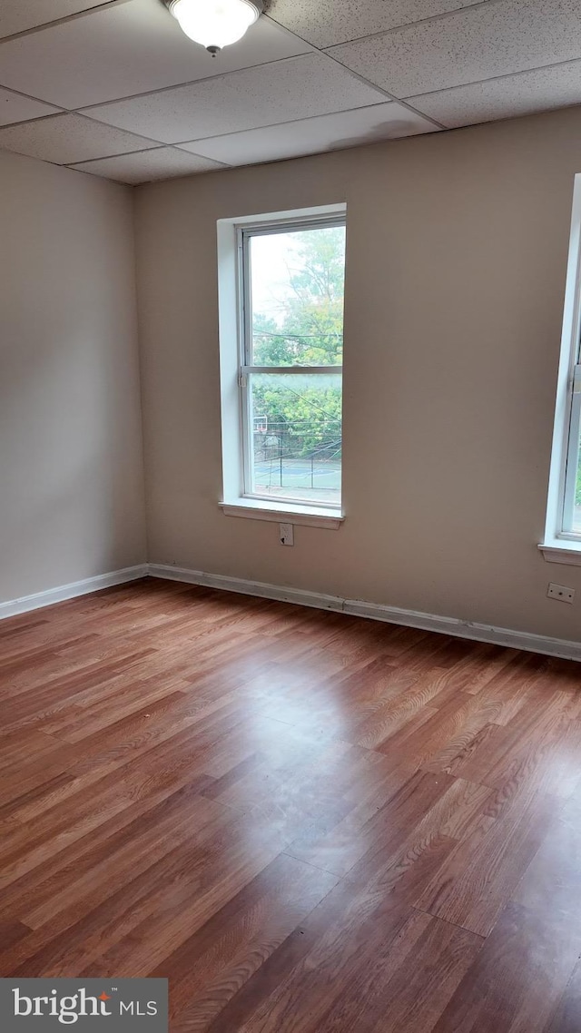 empty room featuring hardwood / wood-style flooring and a paneled ceiling