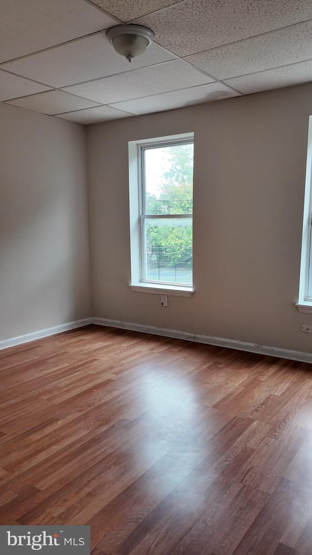 empty room with hardwood / wood-style flooring and a drop ceiling