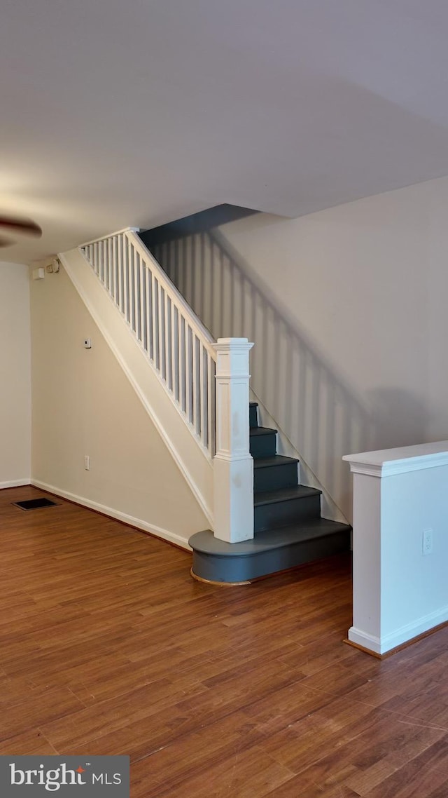 stairway with hardwood / wood-style floors