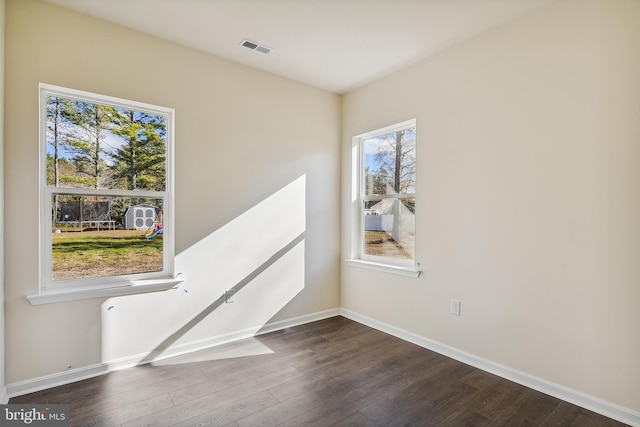 spare room with plenty of natural light and dark hardwood / wood-style floors