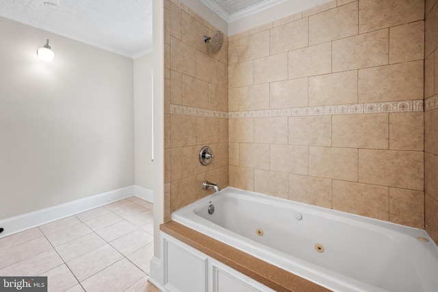 bathroom with tile patterned floors, tiled shower / bath, a textured ceiling, and ornamental molding