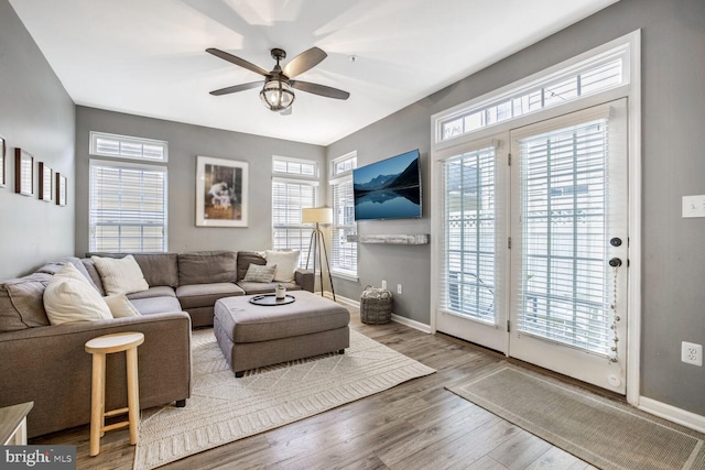 living room with hardwood / wood-style flooring, a wealth of natural light, and ceiling fan