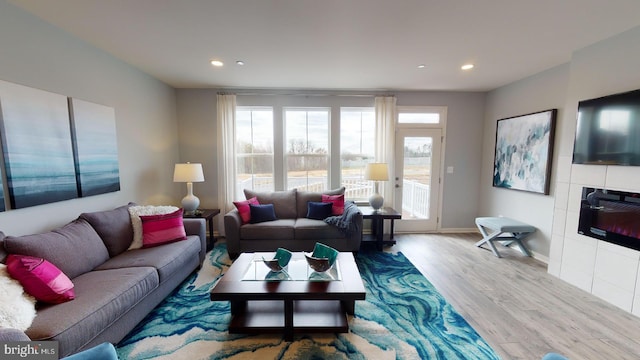 living room with light hardwood / wood-style flooring