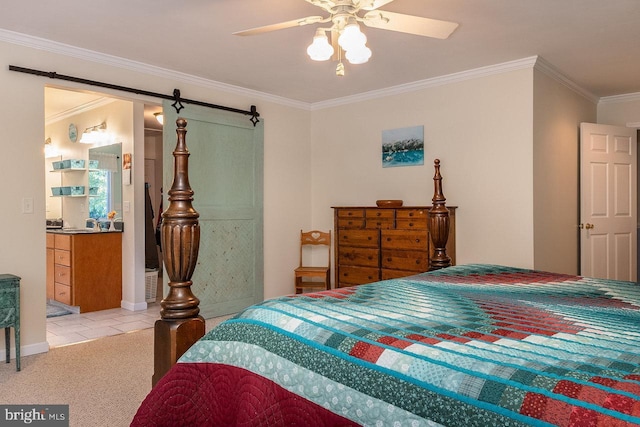 carpeted bedroom with connected bathroom, ceiling fan, and ornamental molding