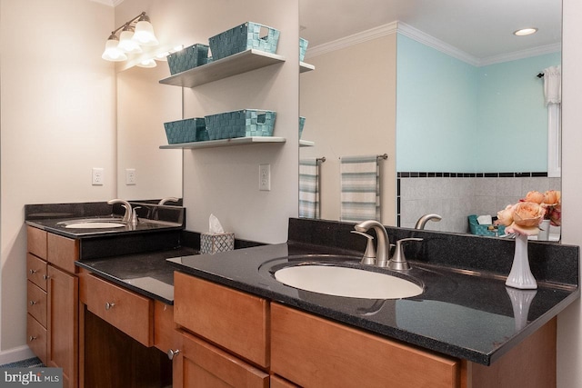 bathroom with vanity and crown molding