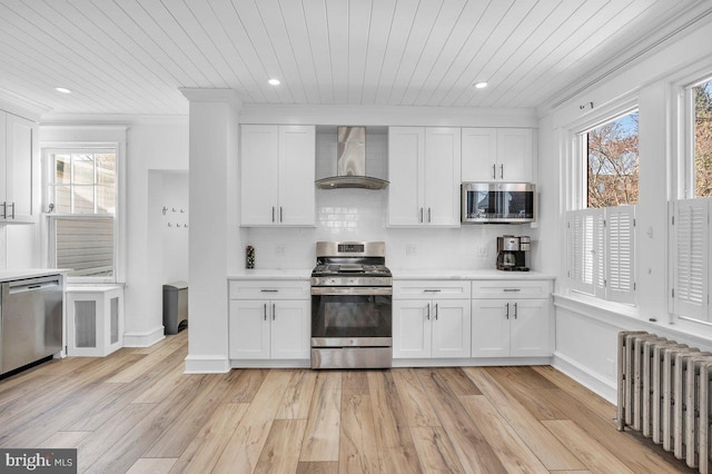 kitchen with appliances with stainless steel finishes, light hardwood / wood-style floors, radiator, and wall chimney exhaust hood