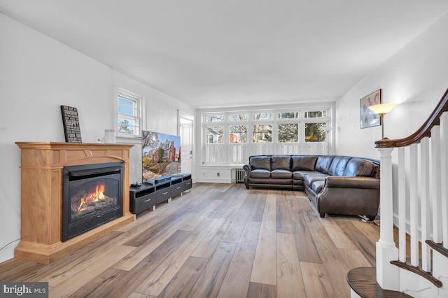 living room with radiator heating unit and wood-type flooring