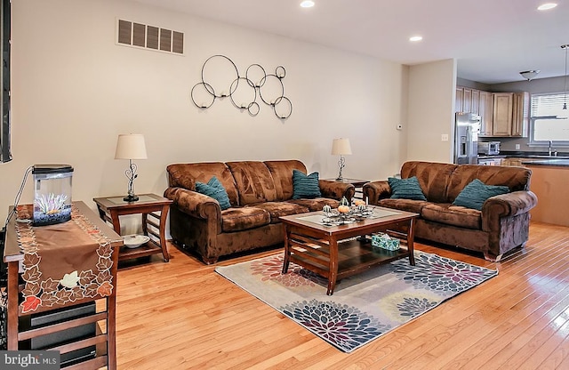 living room with light wood-type flooring and sink