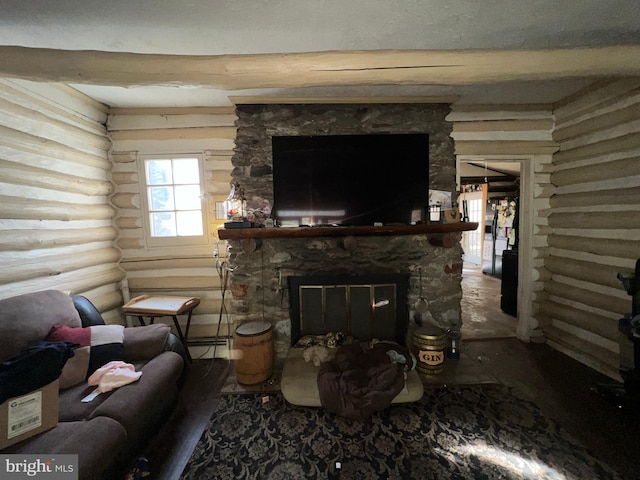 living room with a stone fireplace, log walls, and a baseboard radiator