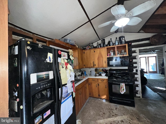 kitchen featuring black appliances, ceiling fan, and vaulted ceiling